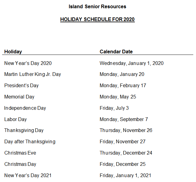 2020 Holiday closures schedule