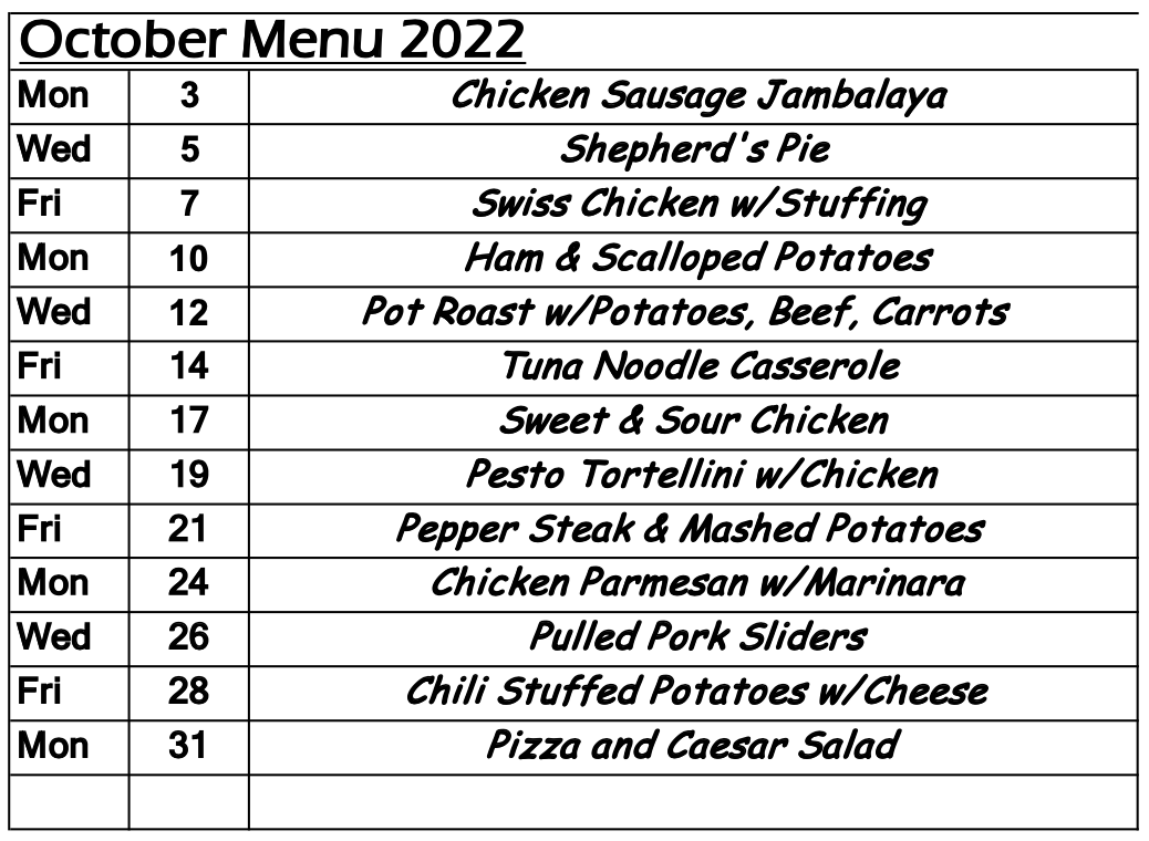oct 2022 food menu