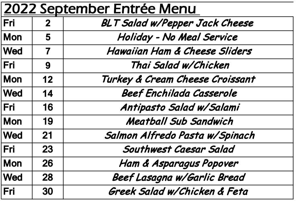 september 2022 food menu