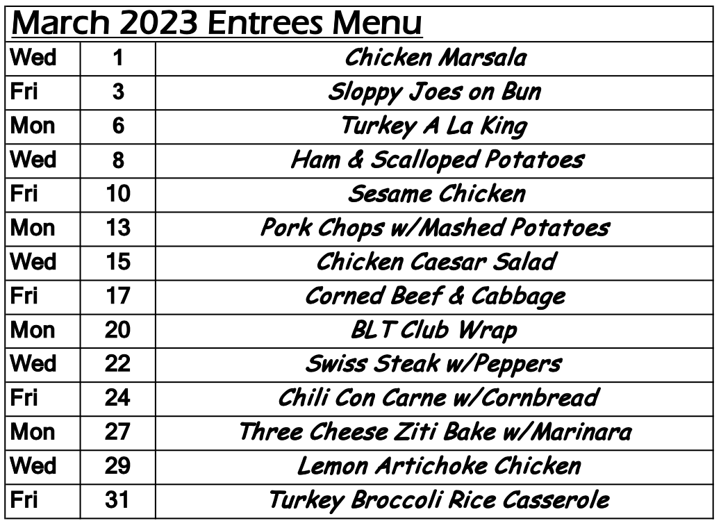 ISR March 2023 food menu
